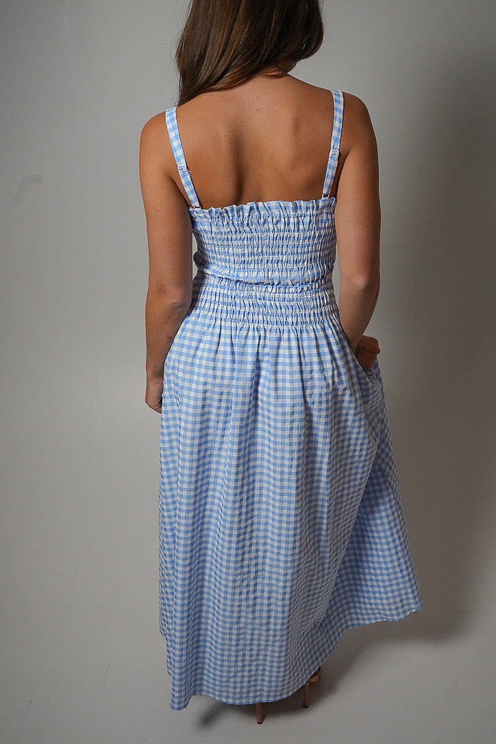 Gingham Blossom Maxi Dress (Blue)