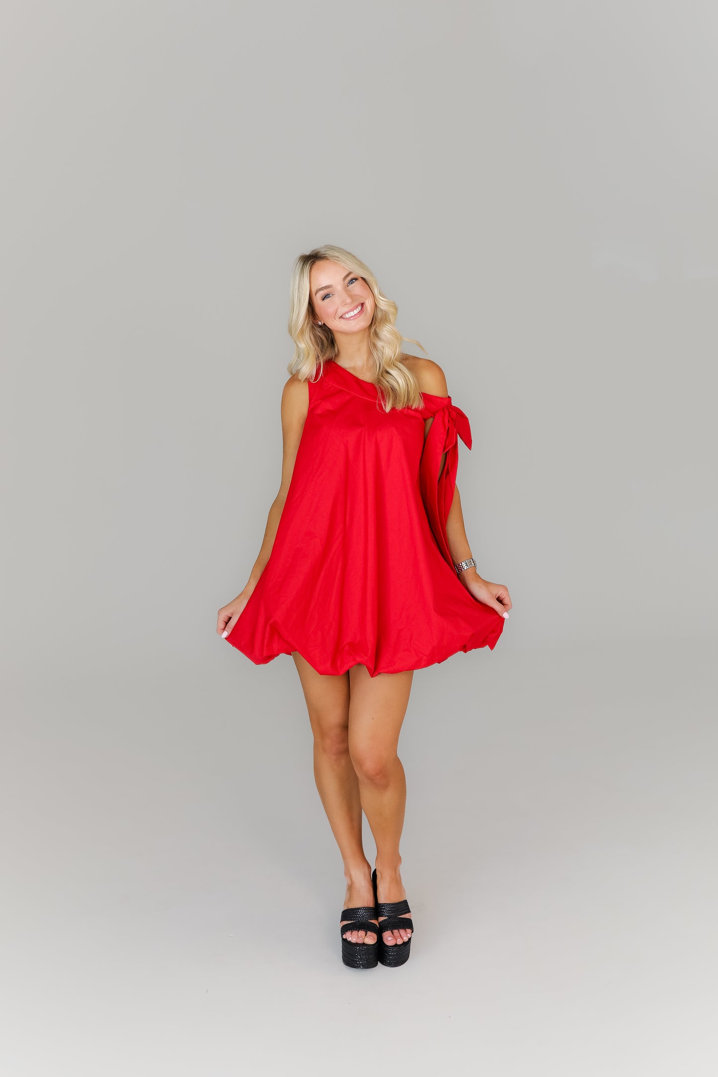 Red mini dress with tie-shoulder straps women’s game day outfit