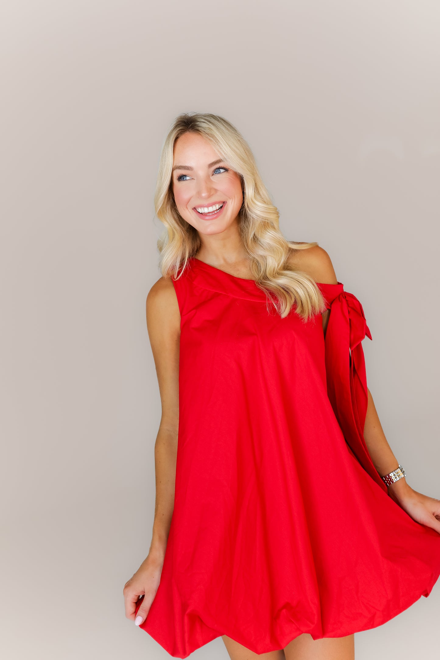 Women’s red bubble game day dress with tie-shoulder boutique style
