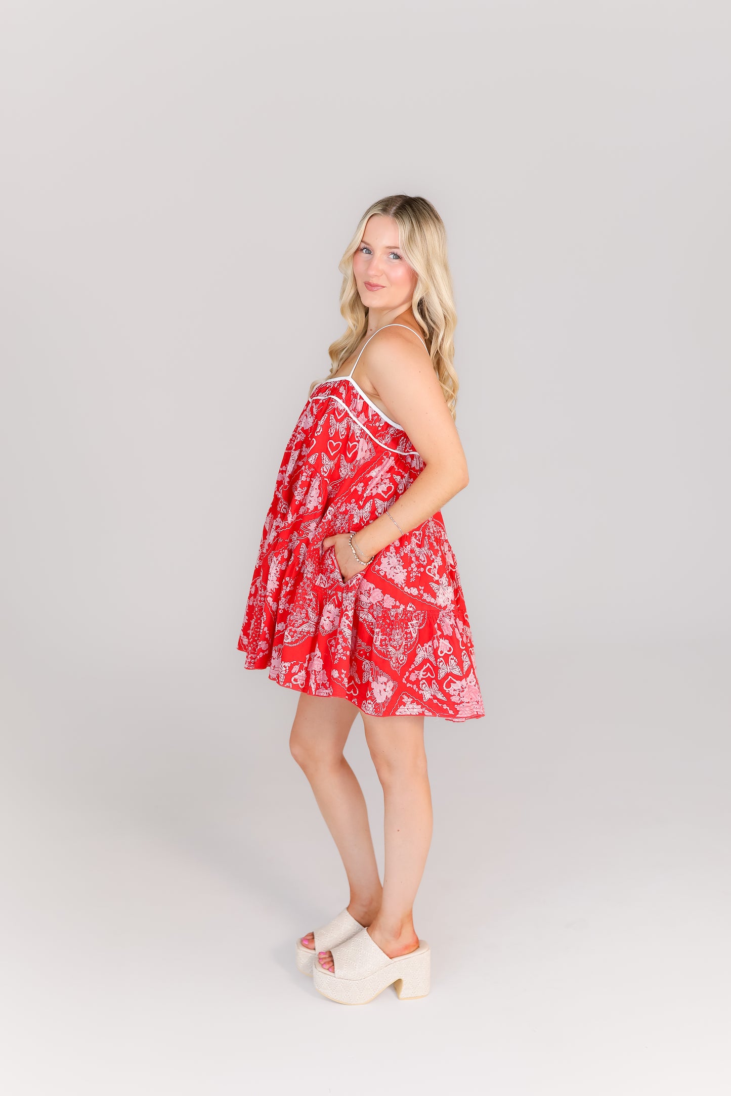 Boutique women’s red printed spaghetti strap dress game day ready