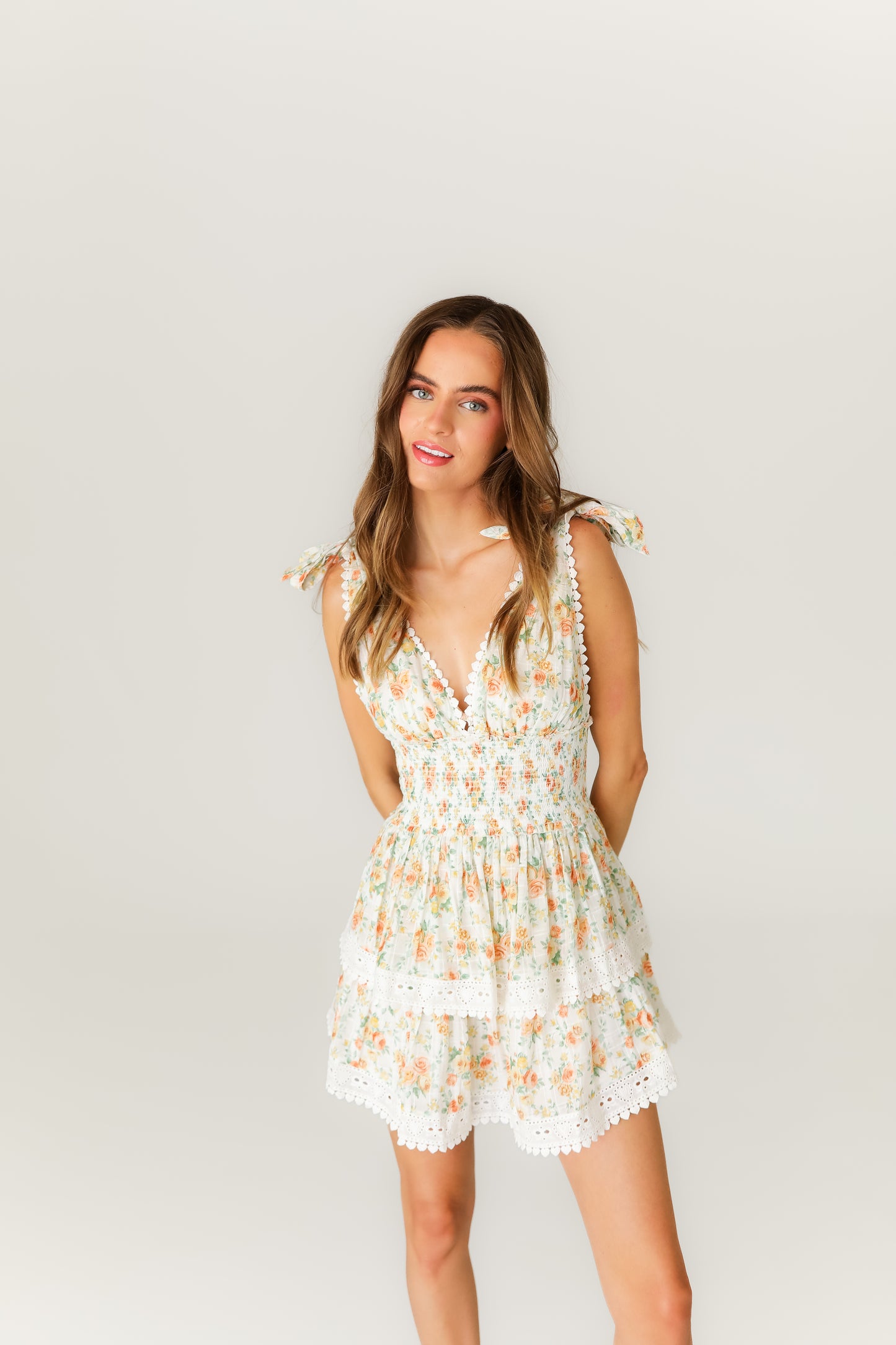 Floral print mini dress with tie straps sorority style
