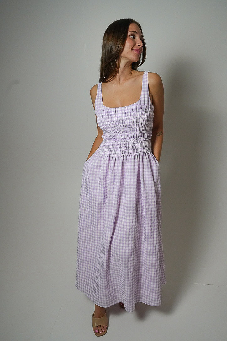Gingham Blossom Maxi Dress (Purple)