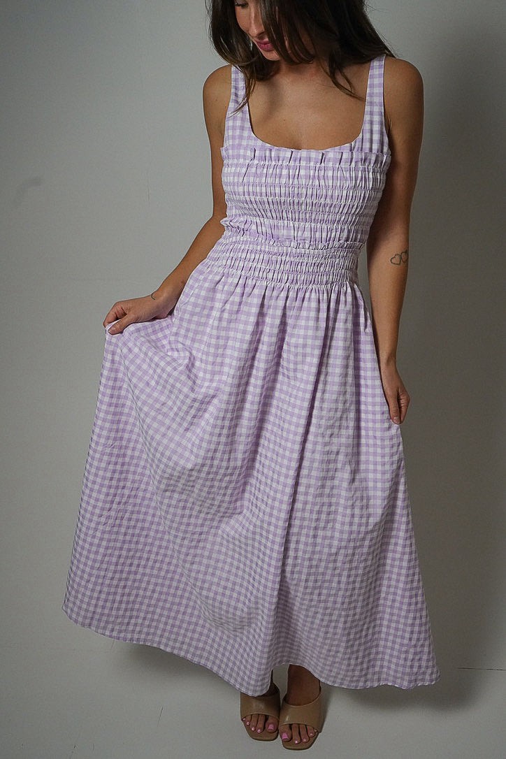 Gingham Blossom Maxi Dress (Purple)