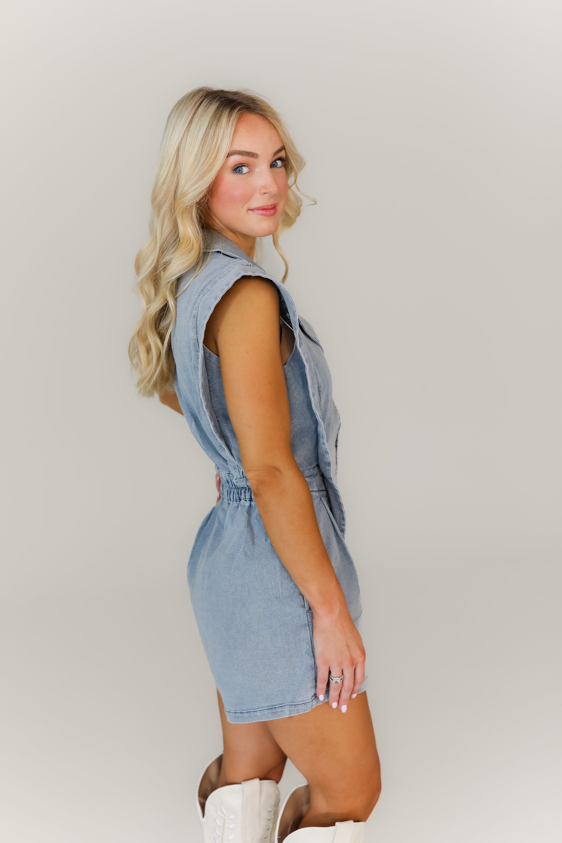 Lightweight denim romper southern boutique fashion style