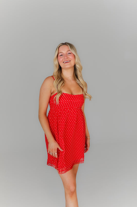 Red polka dot mini dress with spaghetti straps game day outfit