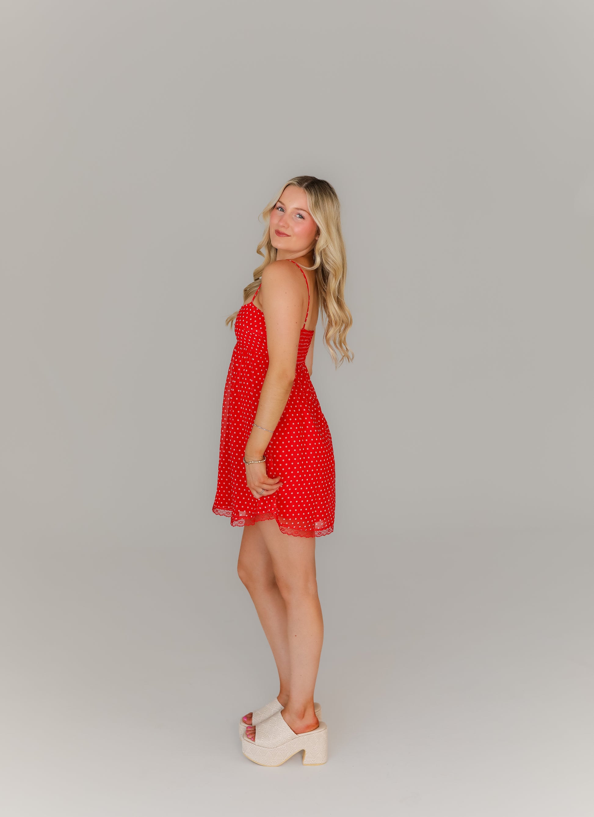 Red spaghetti strap polka dot mini dress boutique tailgate outfit