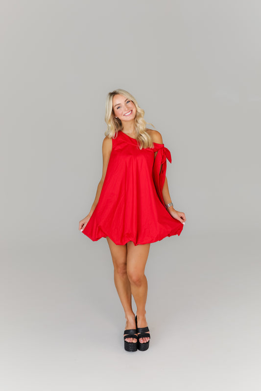 Red mini dress with tie-shoulder straps women’s game day outfit