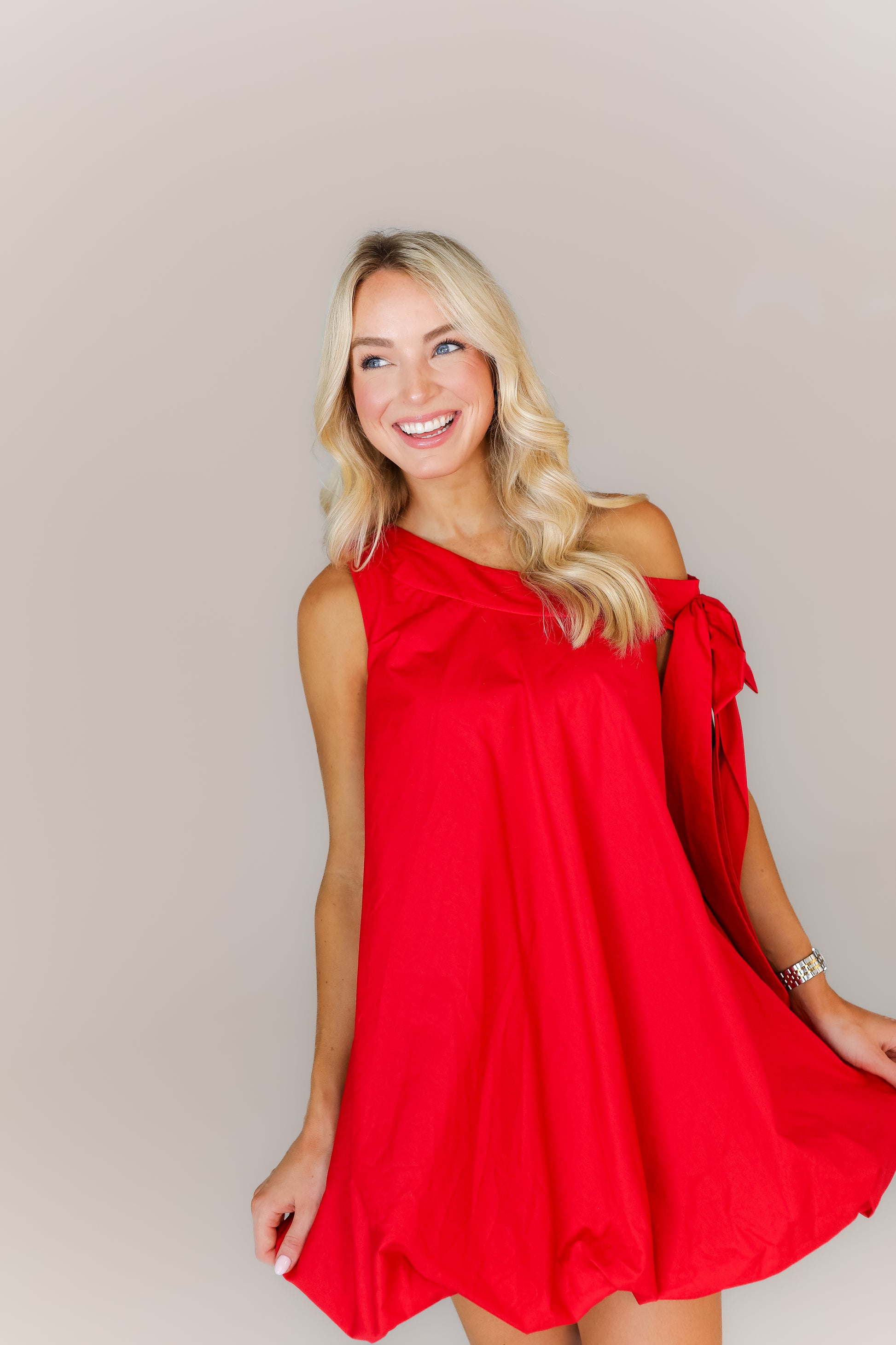 Women’s red bubble game day dress with tie-shoulder boutique style