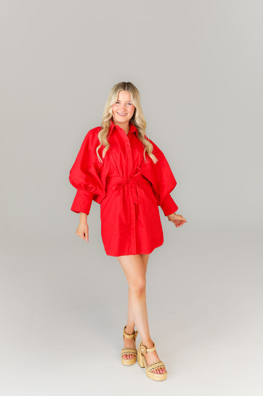 Red mini dress with balloon sleeves and waist tie game day outfit