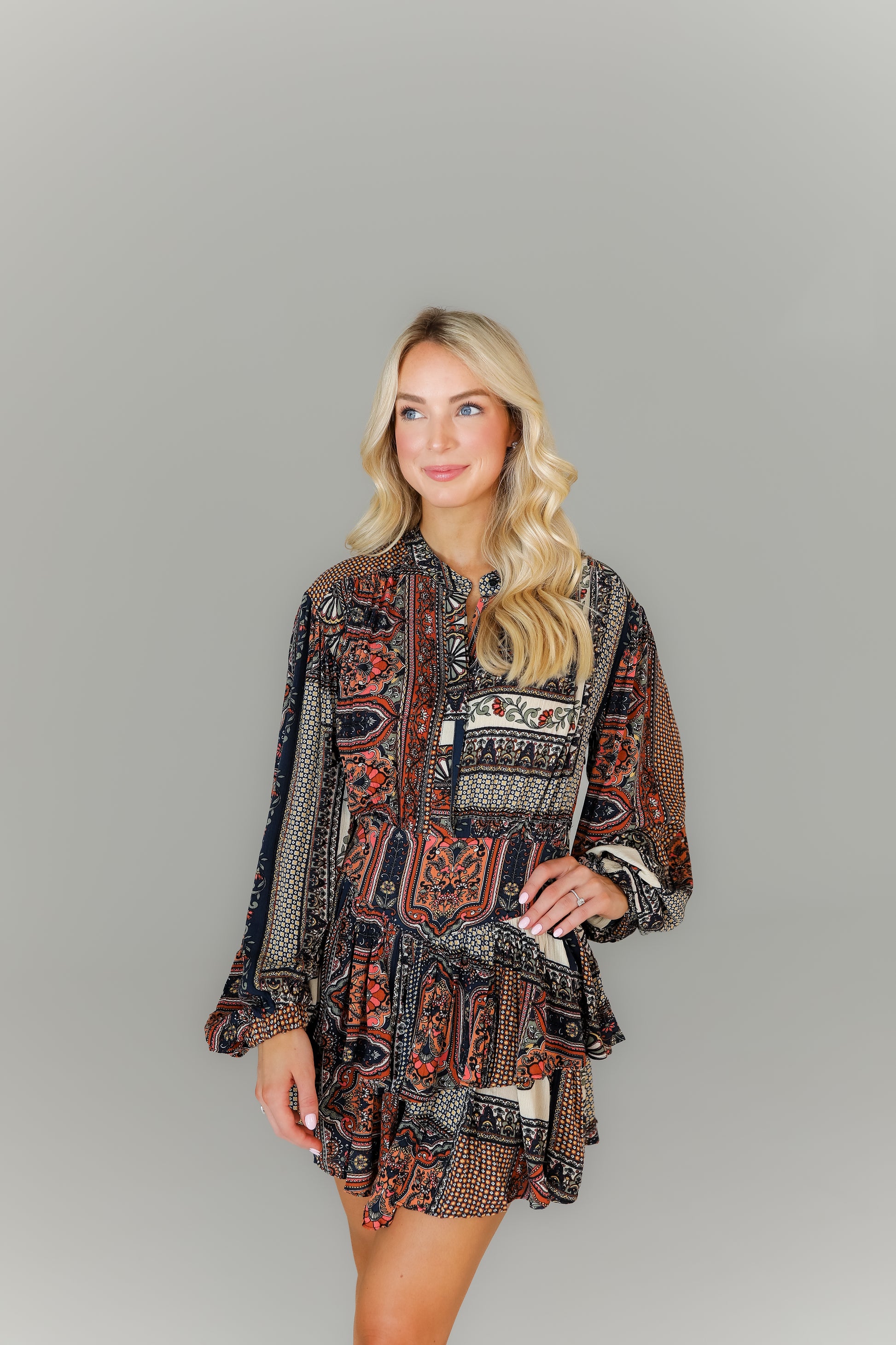 Women’s multi-color paisley mini dress boutique fall fashion
