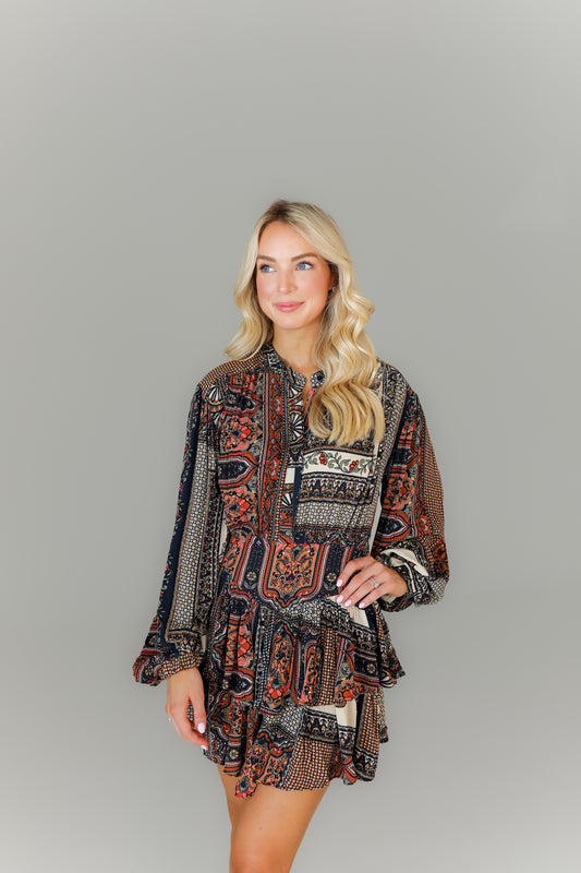 Women’s multi-color paisley mini dress boutique fall fashion