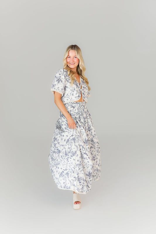Toile print maxi skirt with matching crop top game day style