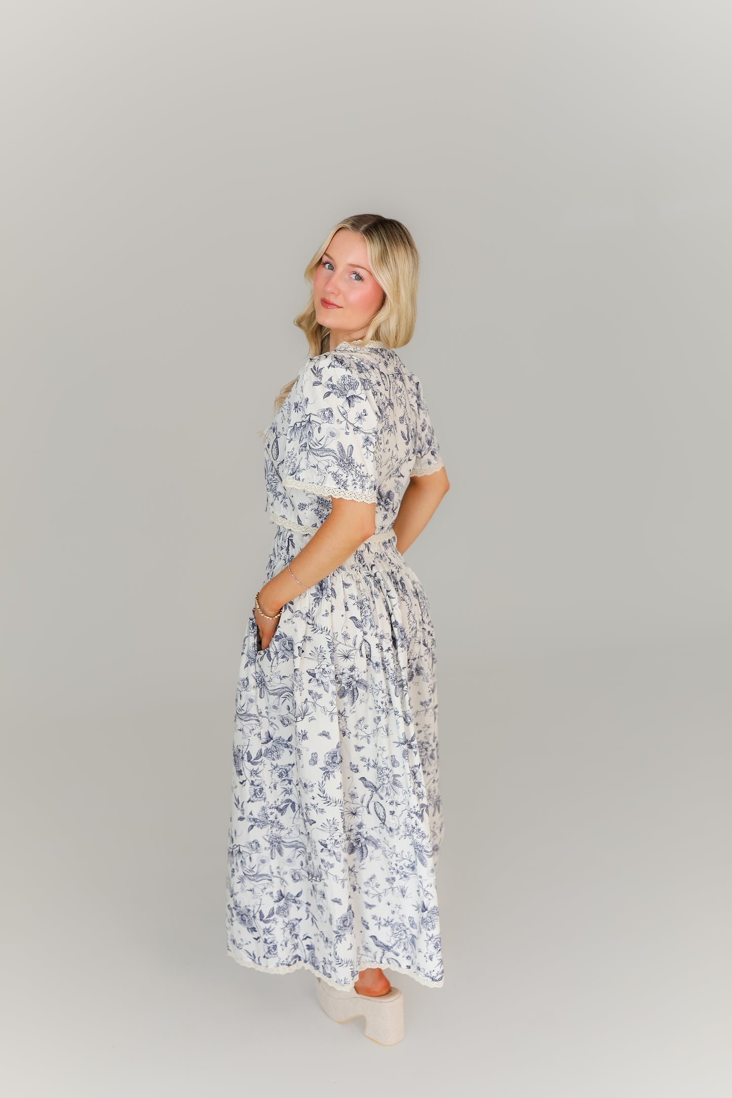Blue and white toile maxi skirt boutique women’s fashion style