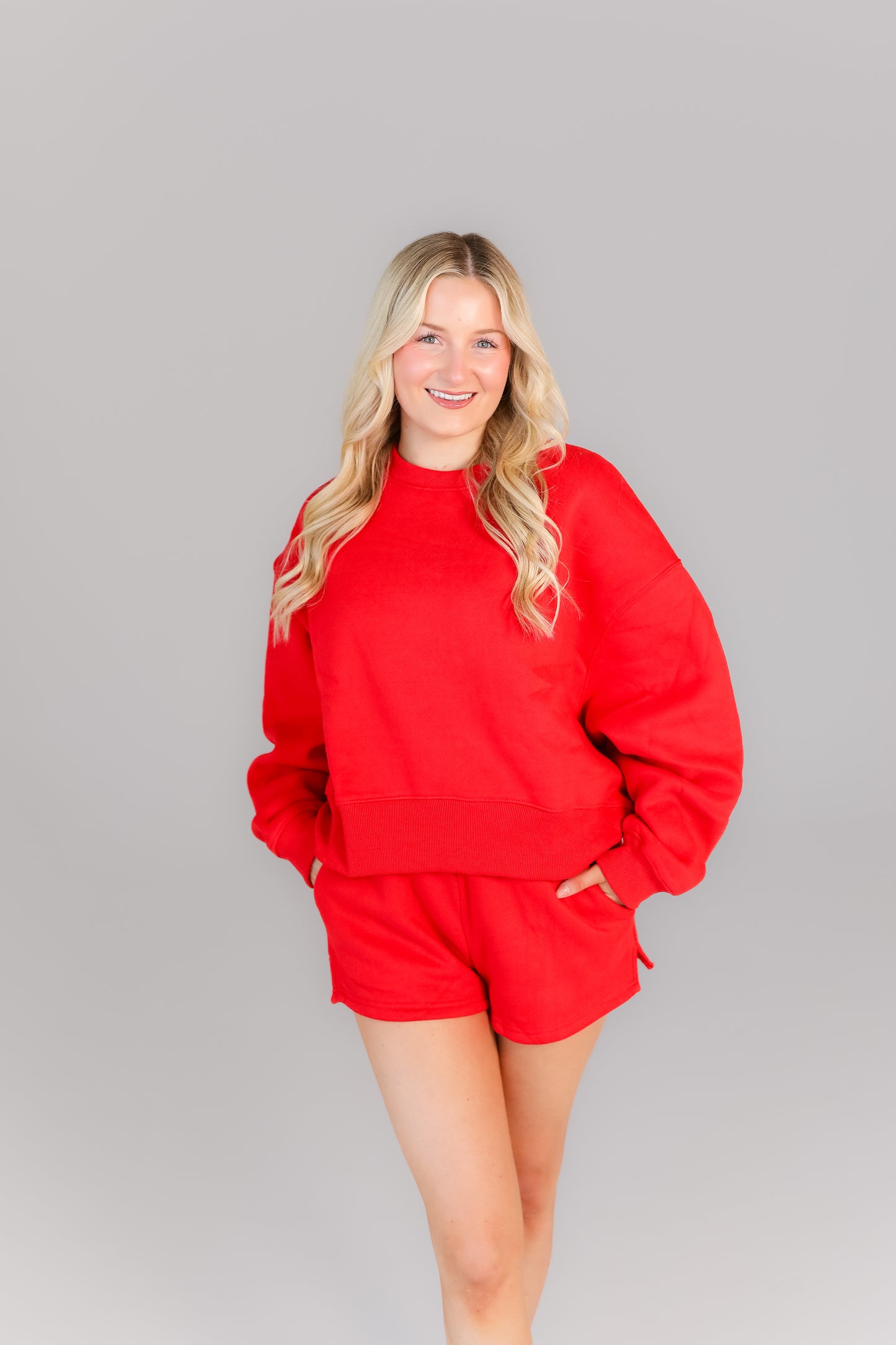 Red oversized sweatshirt and shorts two-piece casual lounge set