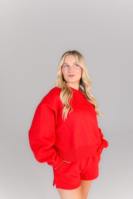 Red oversized sweatshirt and shorts lounge set women’s casual outfit