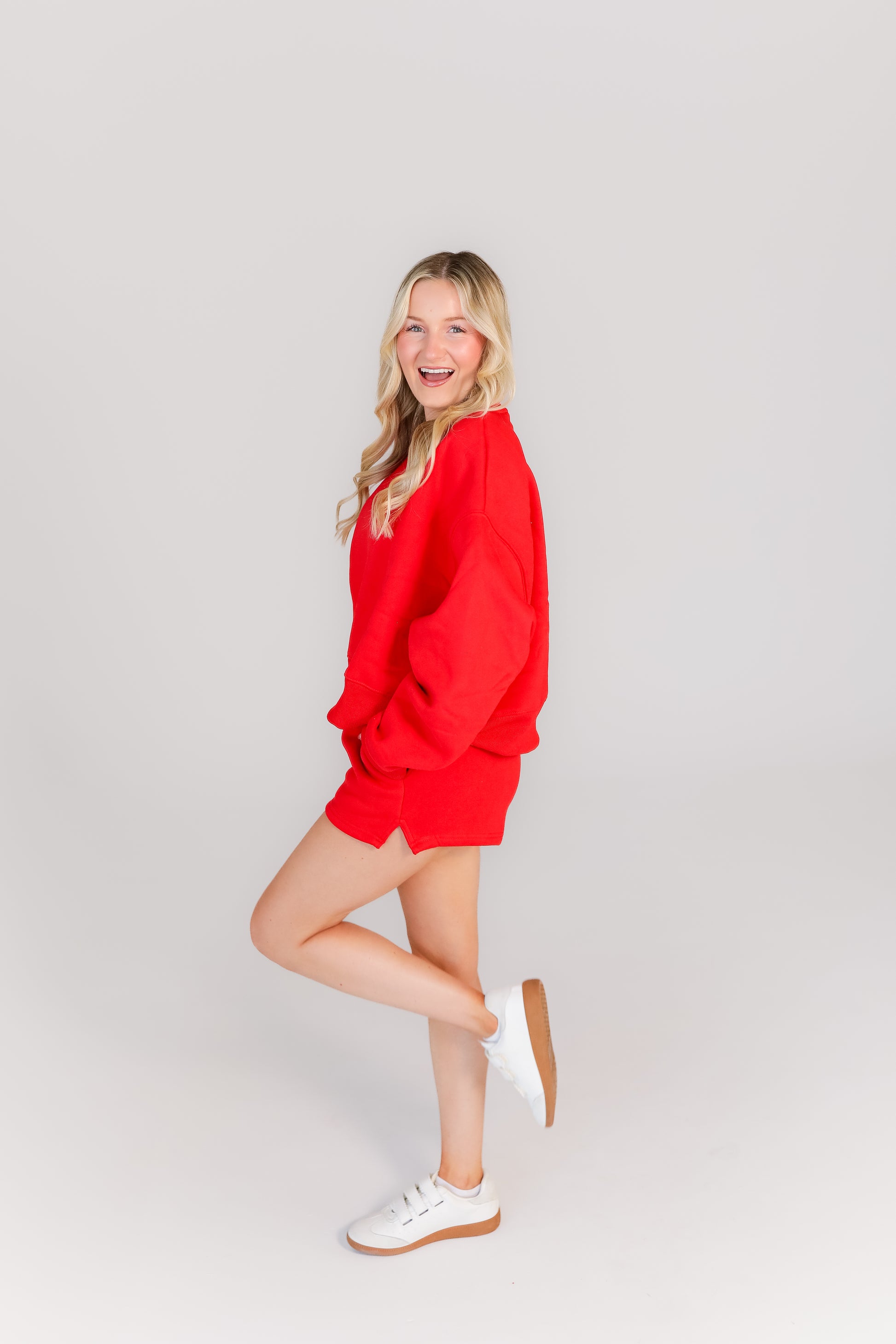 Women’s red oversized sweatshirt and shorts lounge set casual style