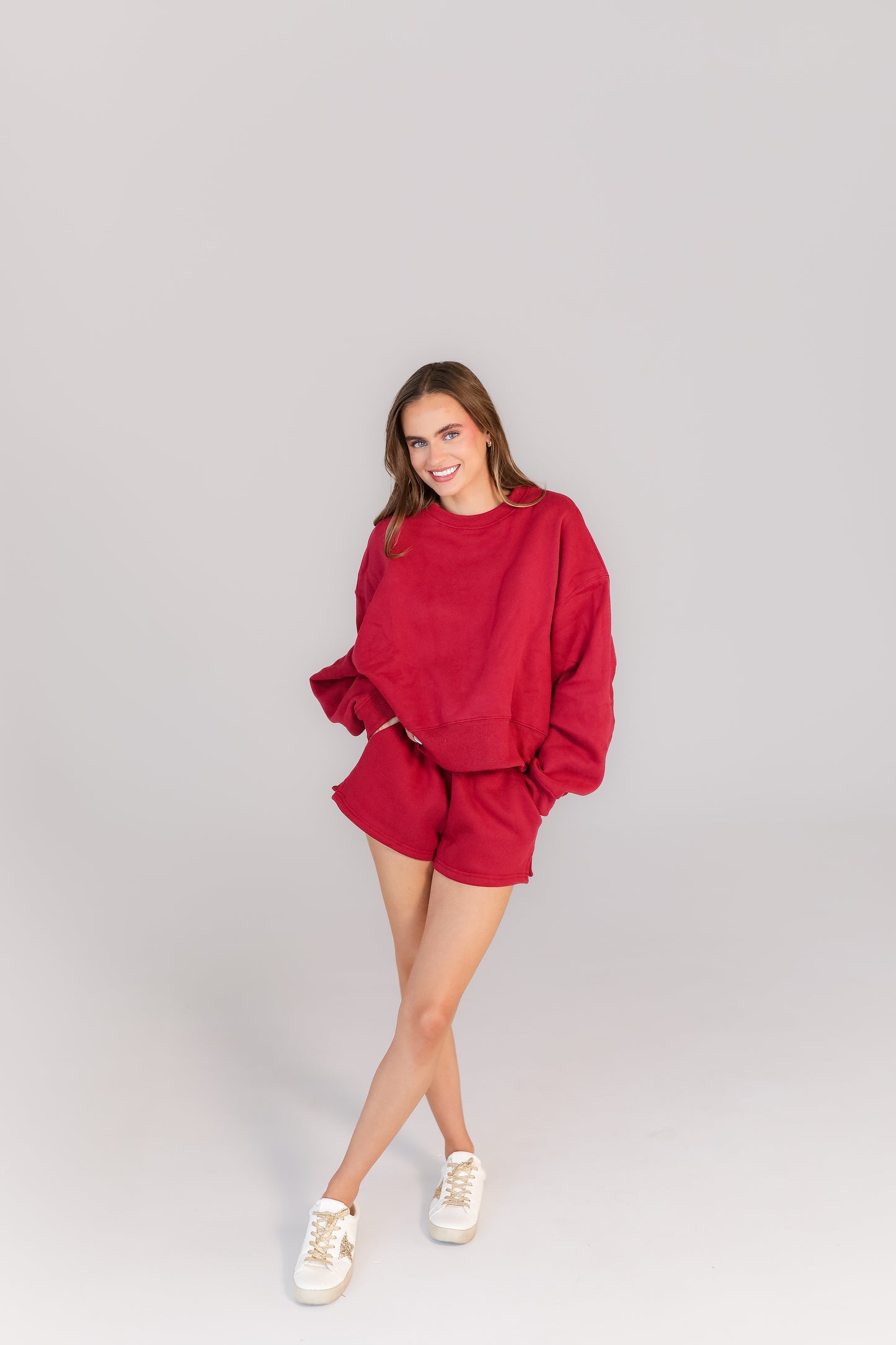 Crimson oversized sweatshirt and shorts lounge set women’s casual outfit