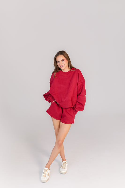 Crimson oversized sweatshirt and shorts lounge set women’s casual outfit