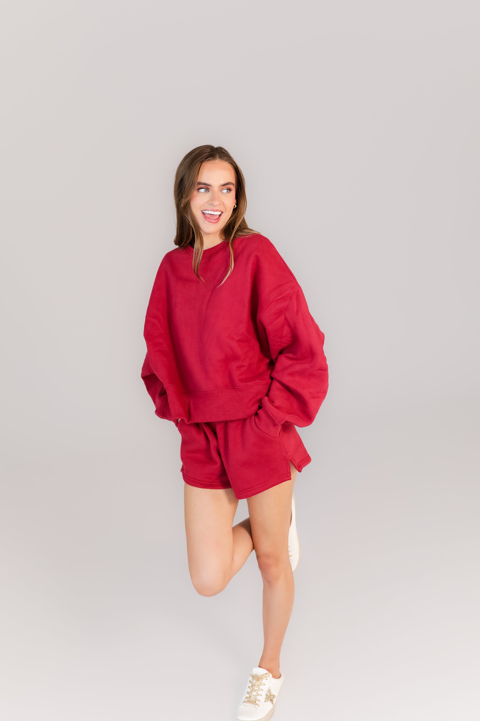 Women’s crimson lounge set with oversized sweatshirt and shorts