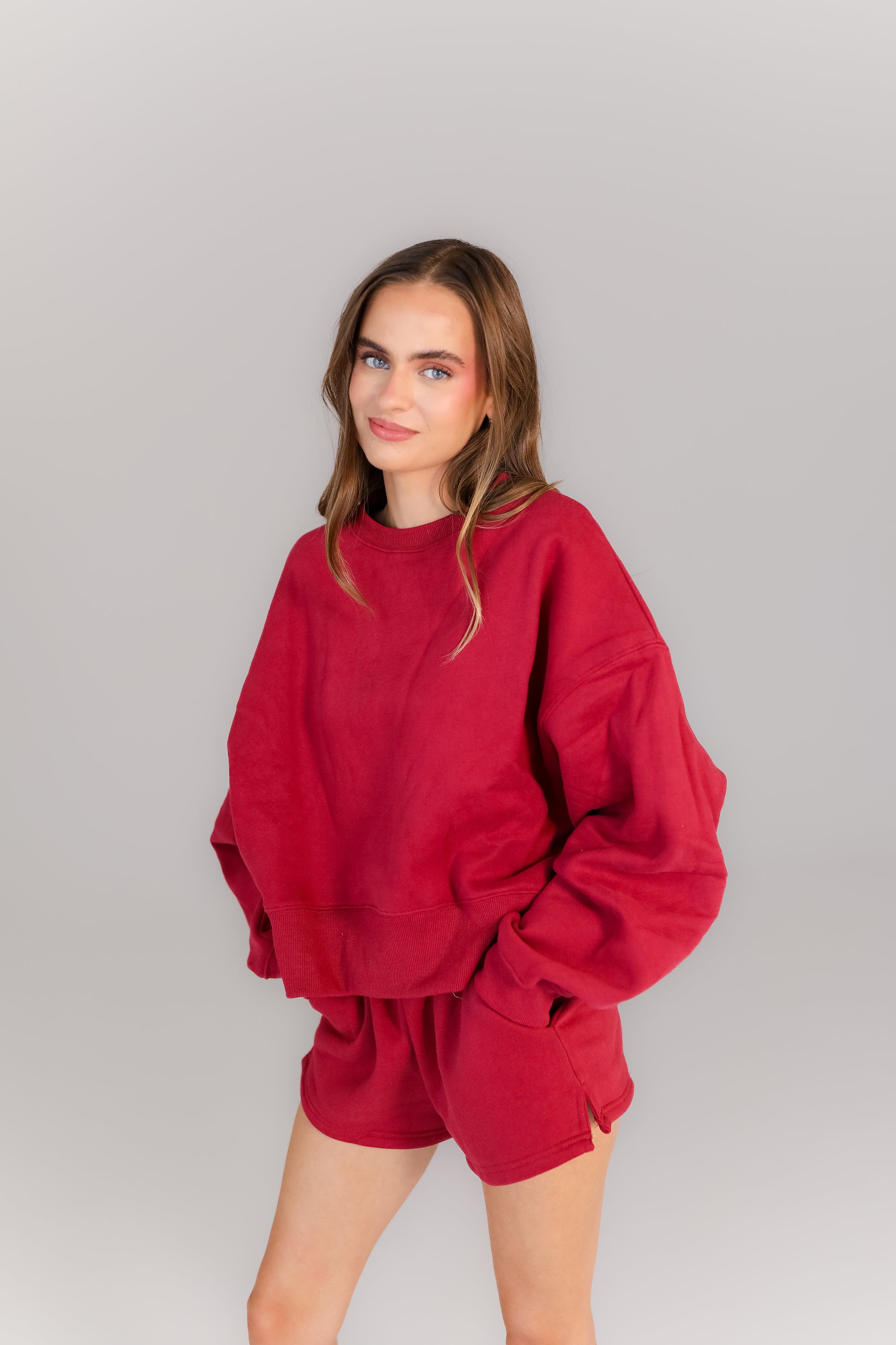 Women’s crimson lounge set with oversized sweatshirt and shorts