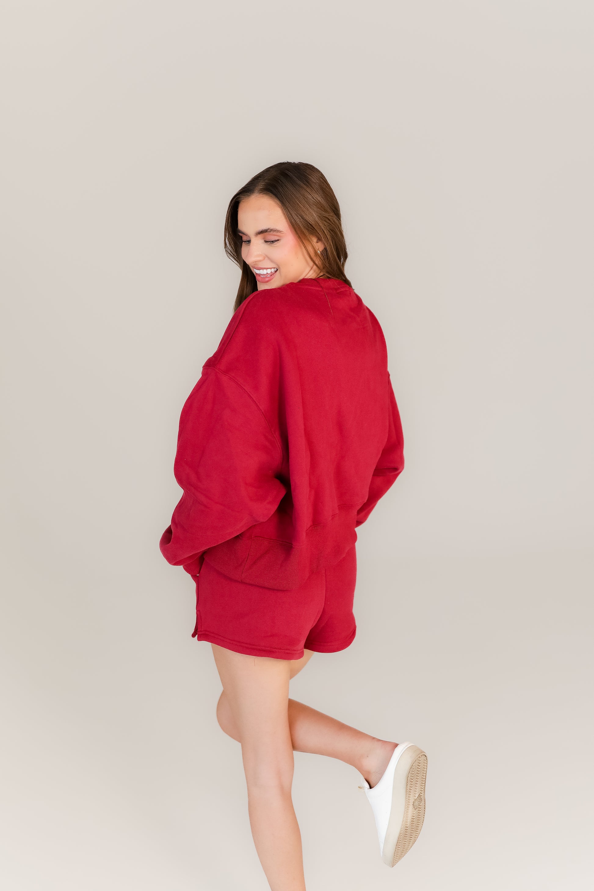 Crimson oversized sweatshirt and shorts two-piece casual sweat set