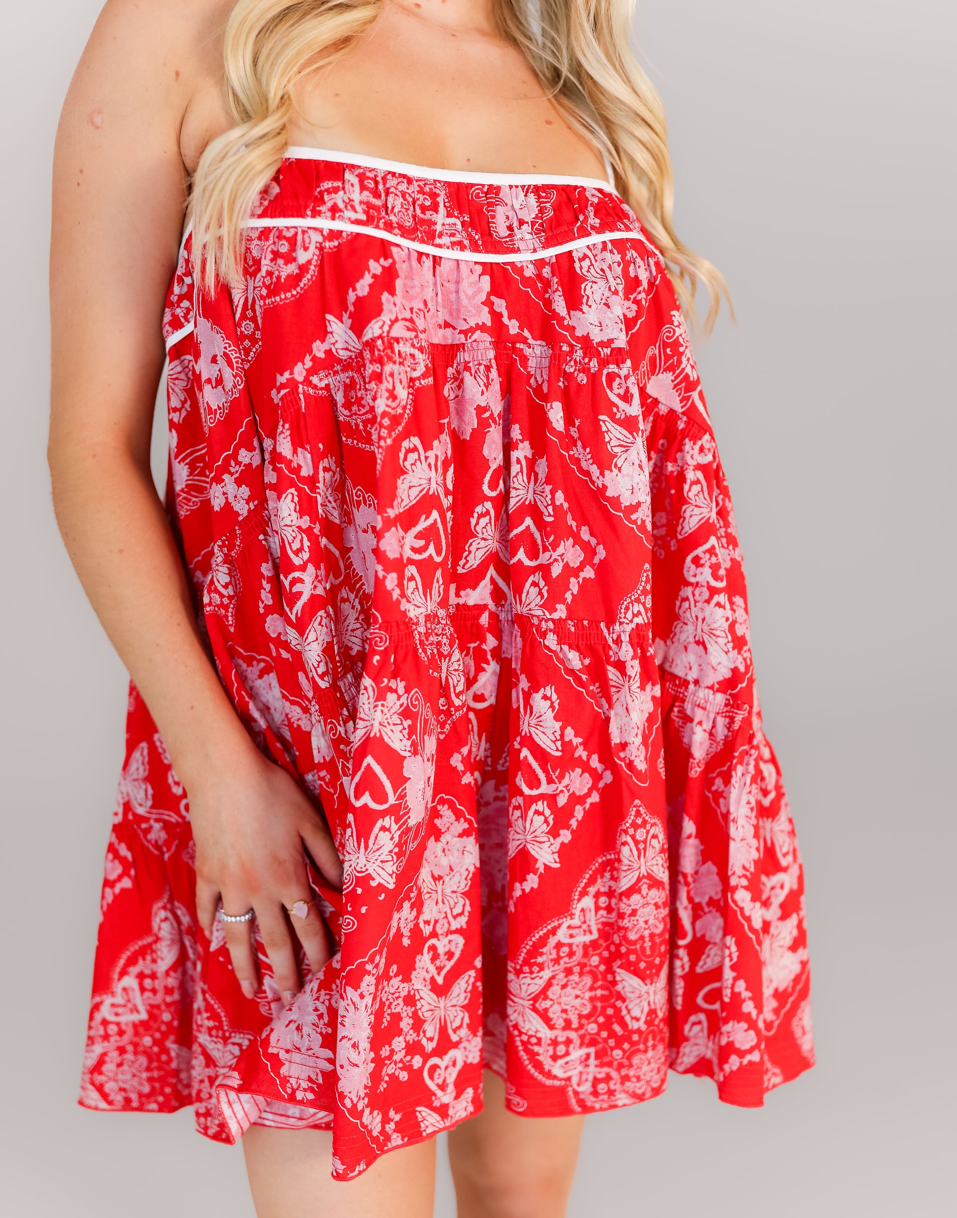 Women’s red printed mini dress with spaghetti straps game day outfit