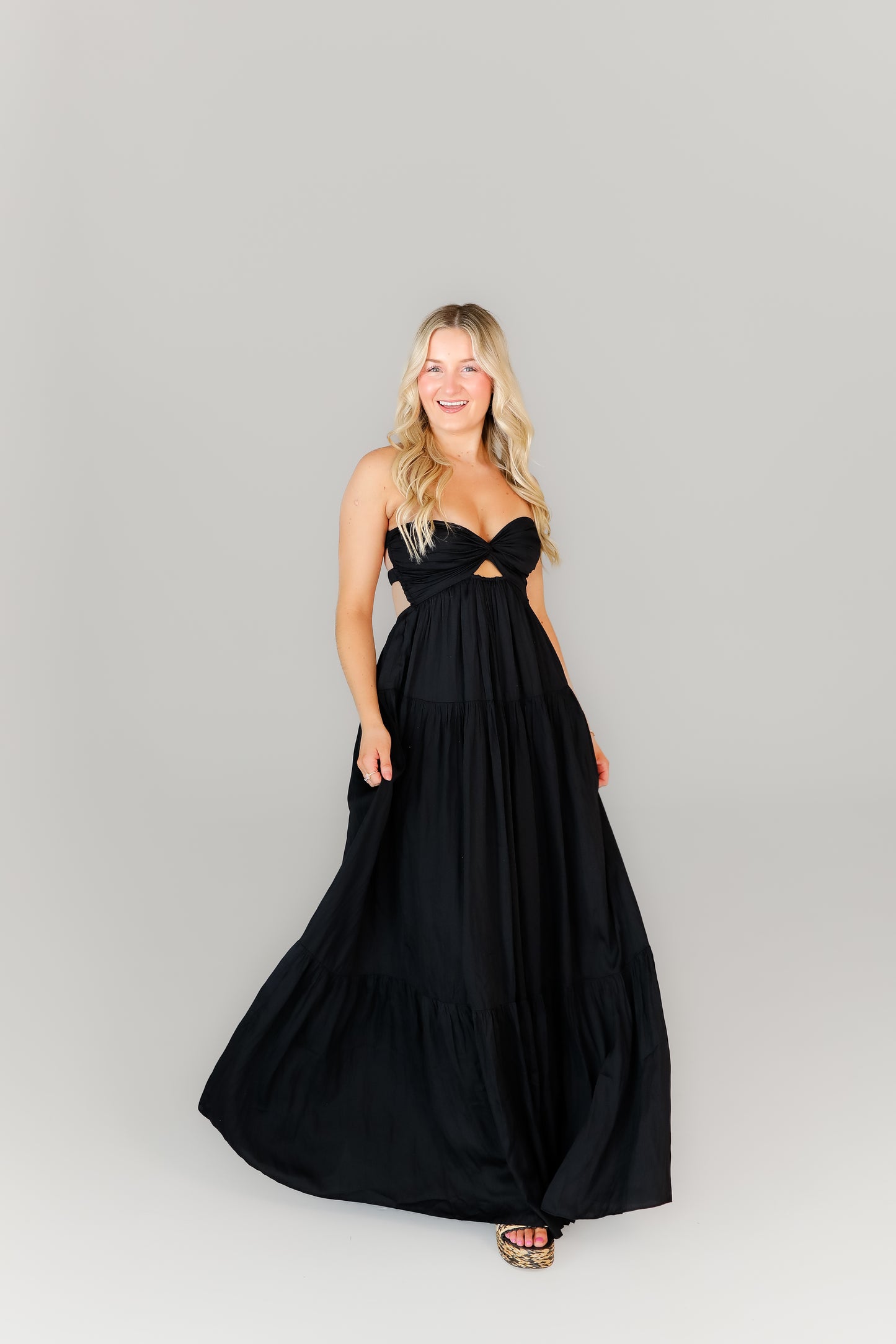 Boutique floor-length black dress with adjustable straps