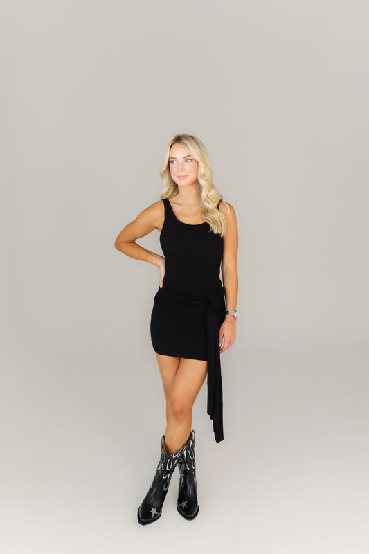 Fitted black boutique mini dress with belted waist detail