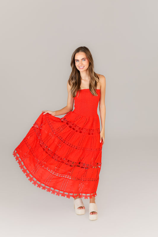 Red strapless midi dress with tiered skirt for game day