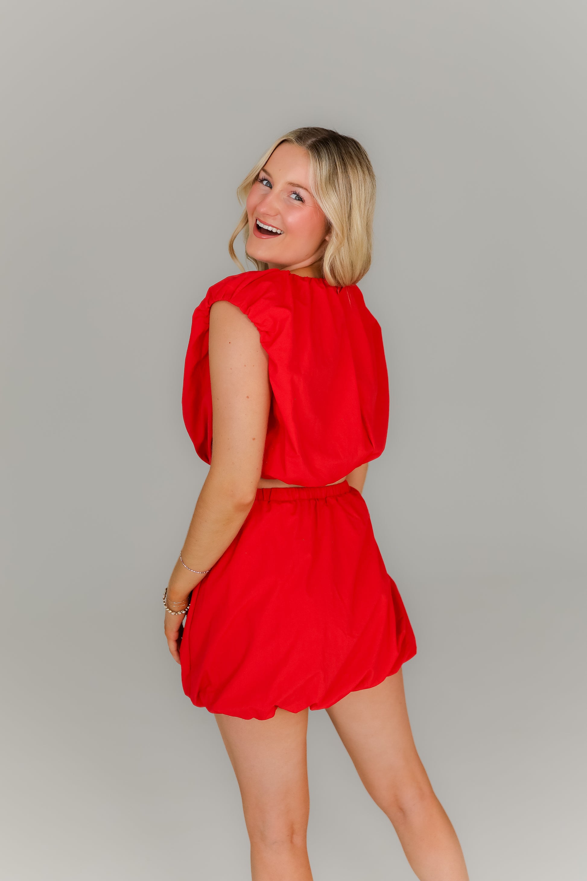 Red matching set with bubble skirt and elastic waistband top
