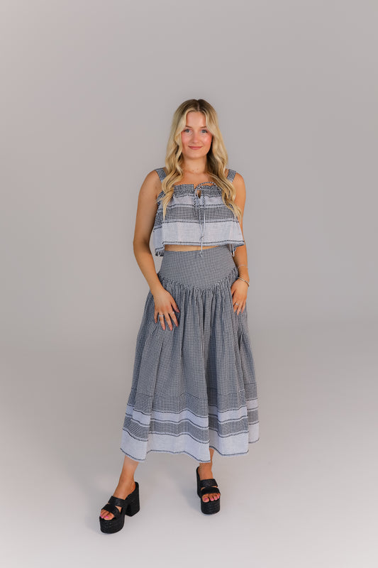 Two-piece gingham set with ruffle strap crop top and flowy skirt