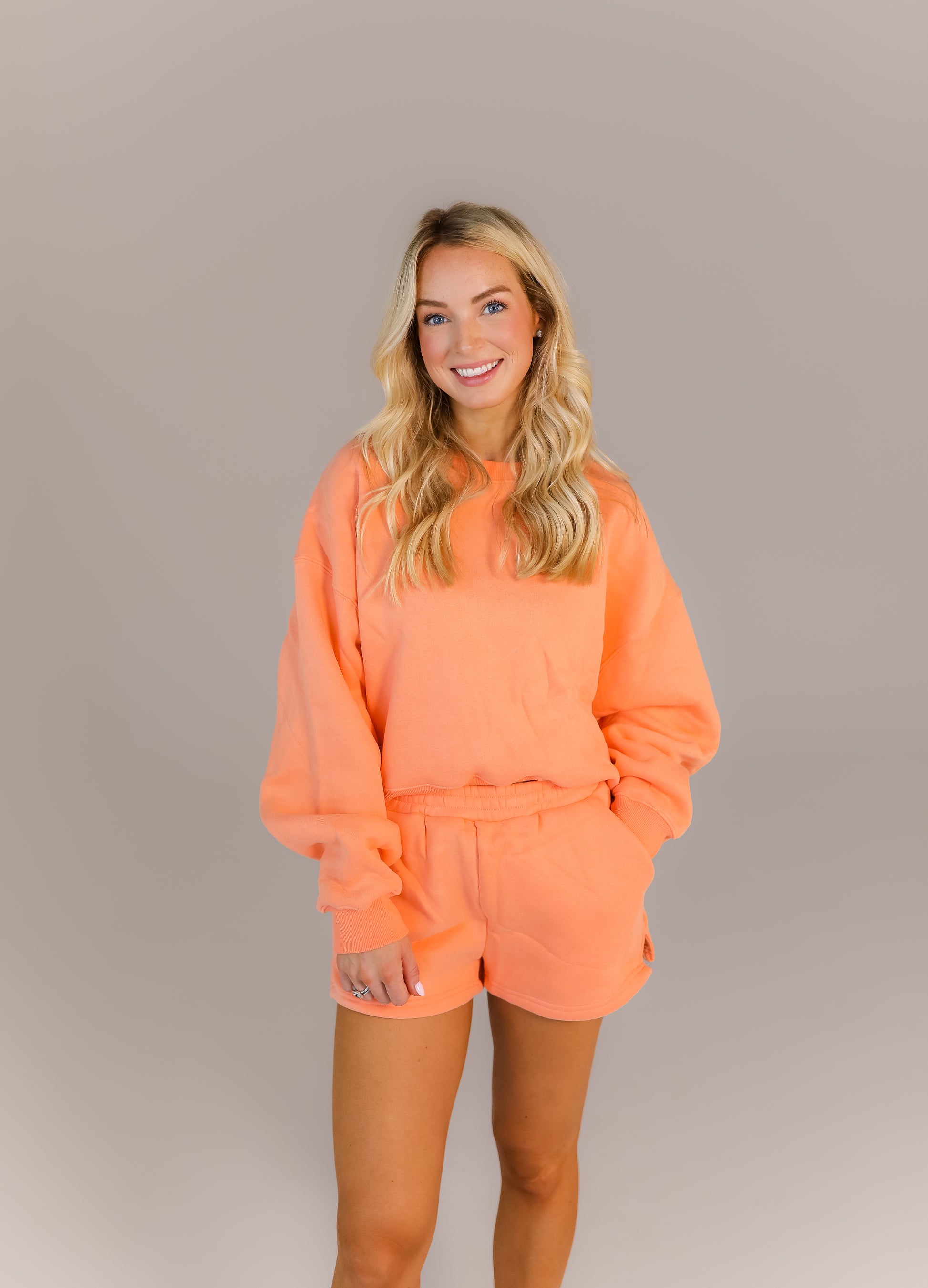 Peach orange lounge sweat set set with crewneck sweatshirt and shorts