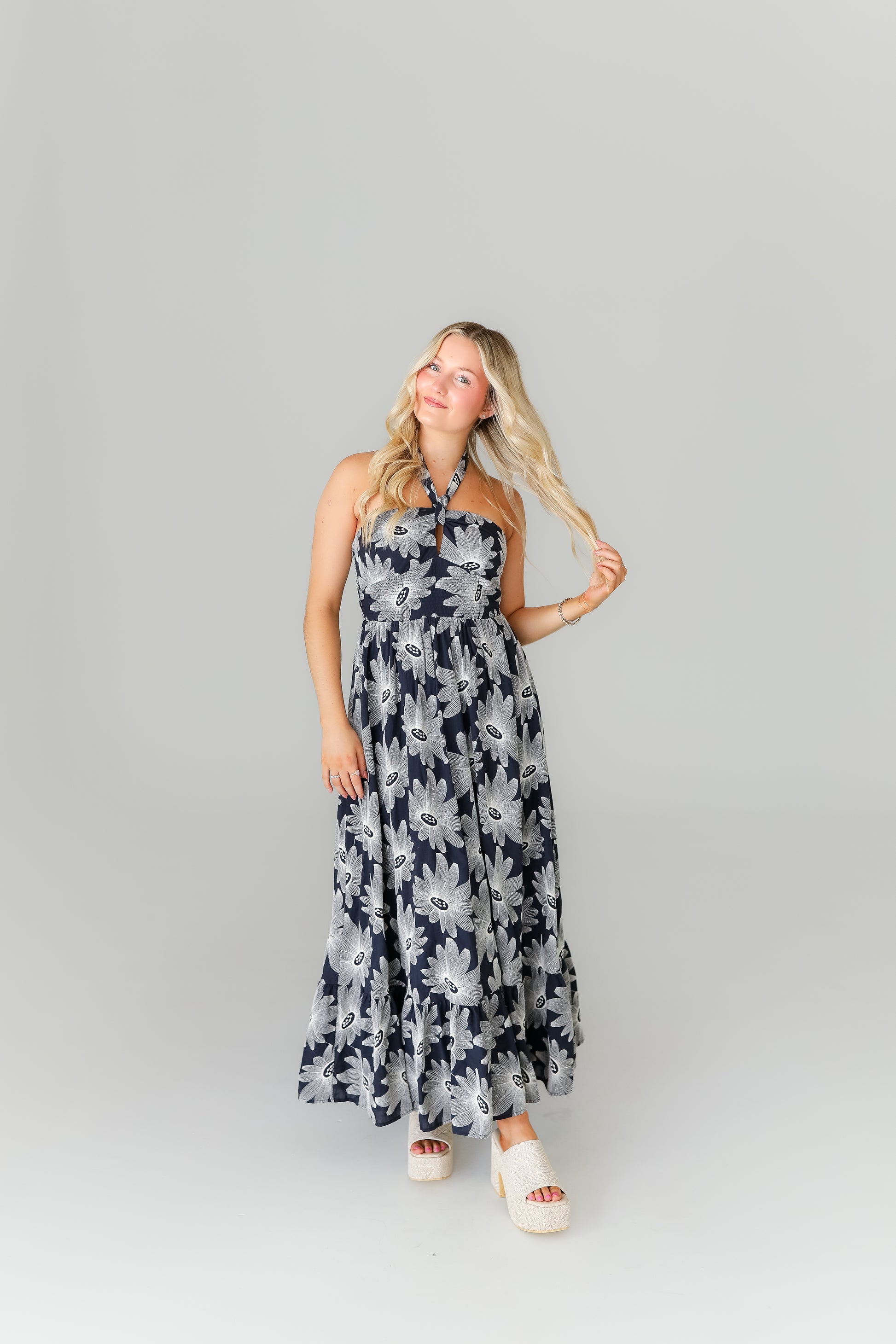 Navy floral halter midi dress boutique game day outfit