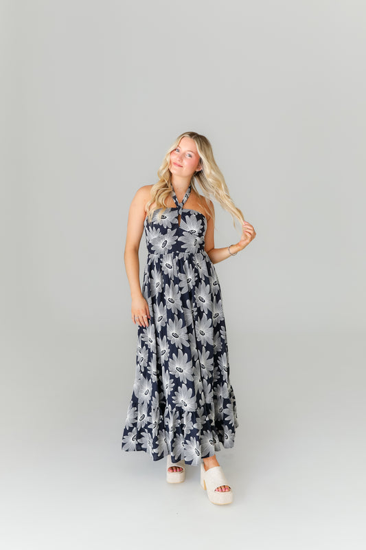 Navy floral halter midi dress boutique game day outfit
