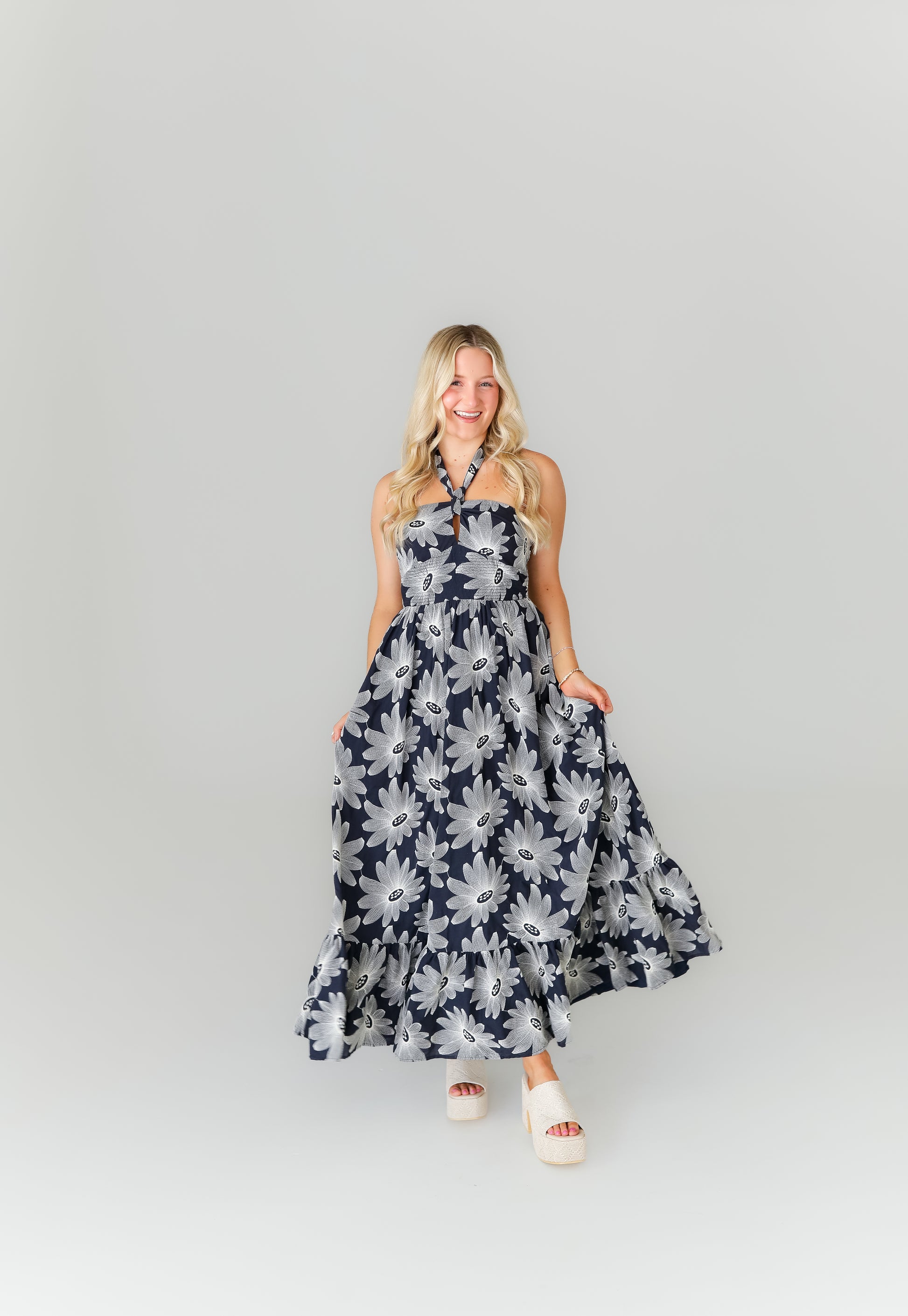 Navy floral halter midi dress boutique game day outfit