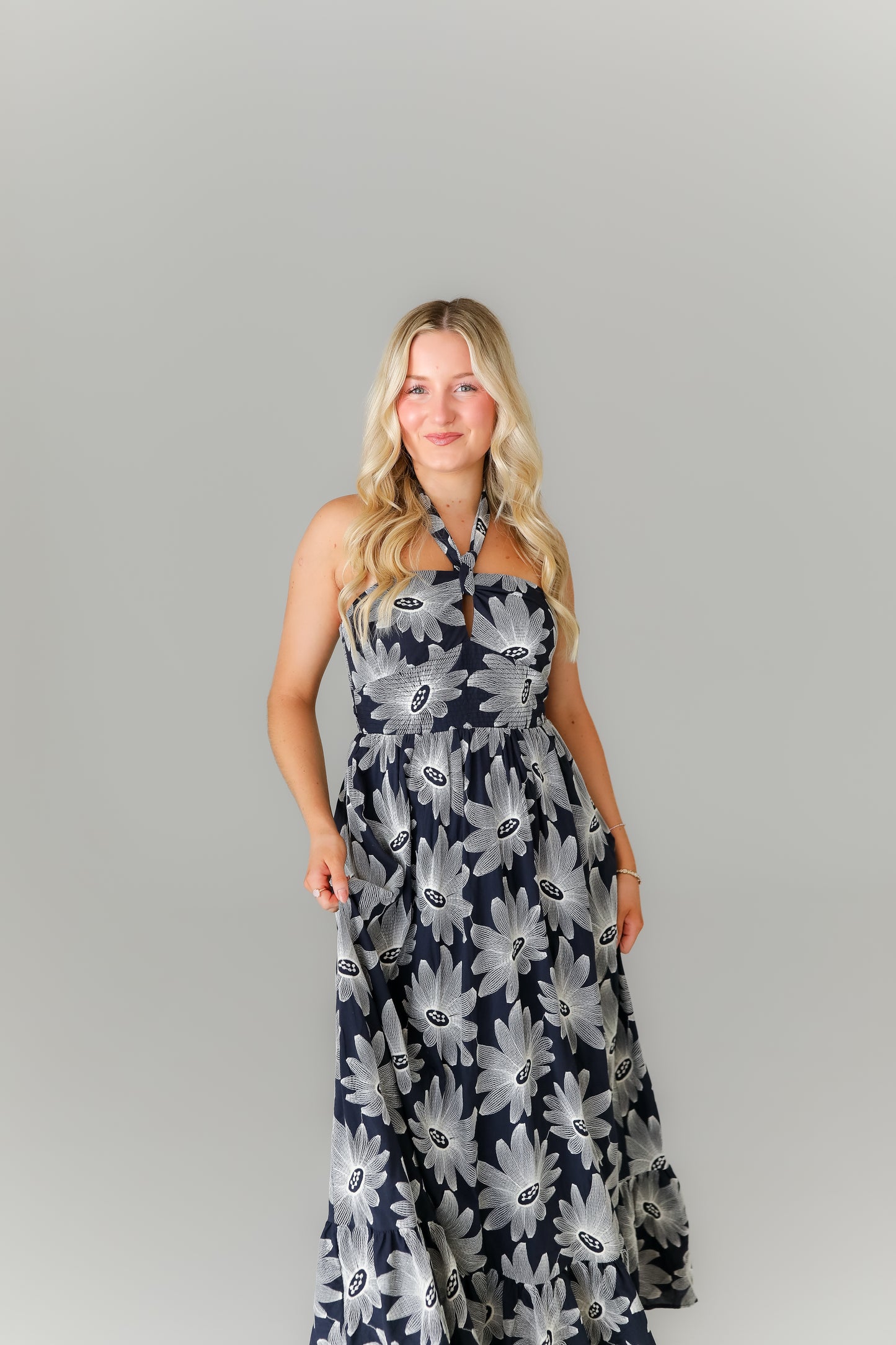 Navy floral halter midi dress boutique game day outfit