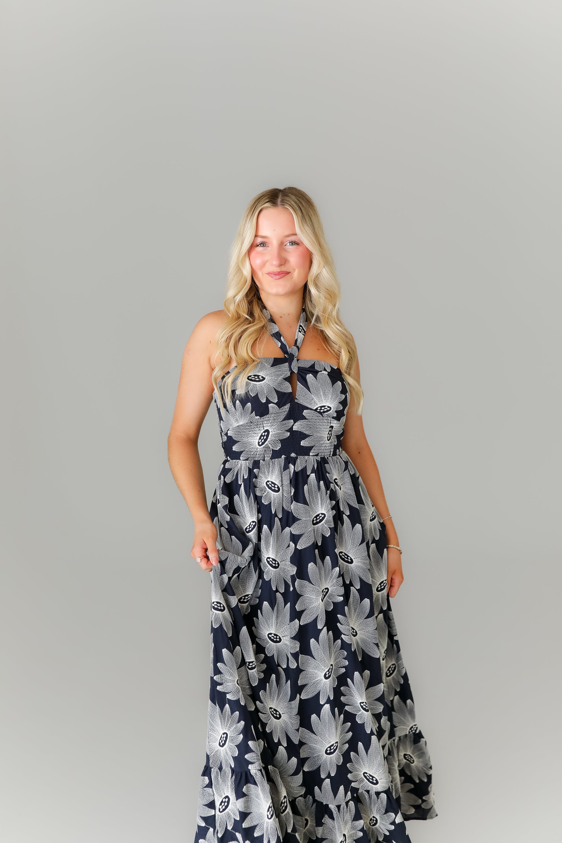 Navy floral halter midi dress boutique game day outfit