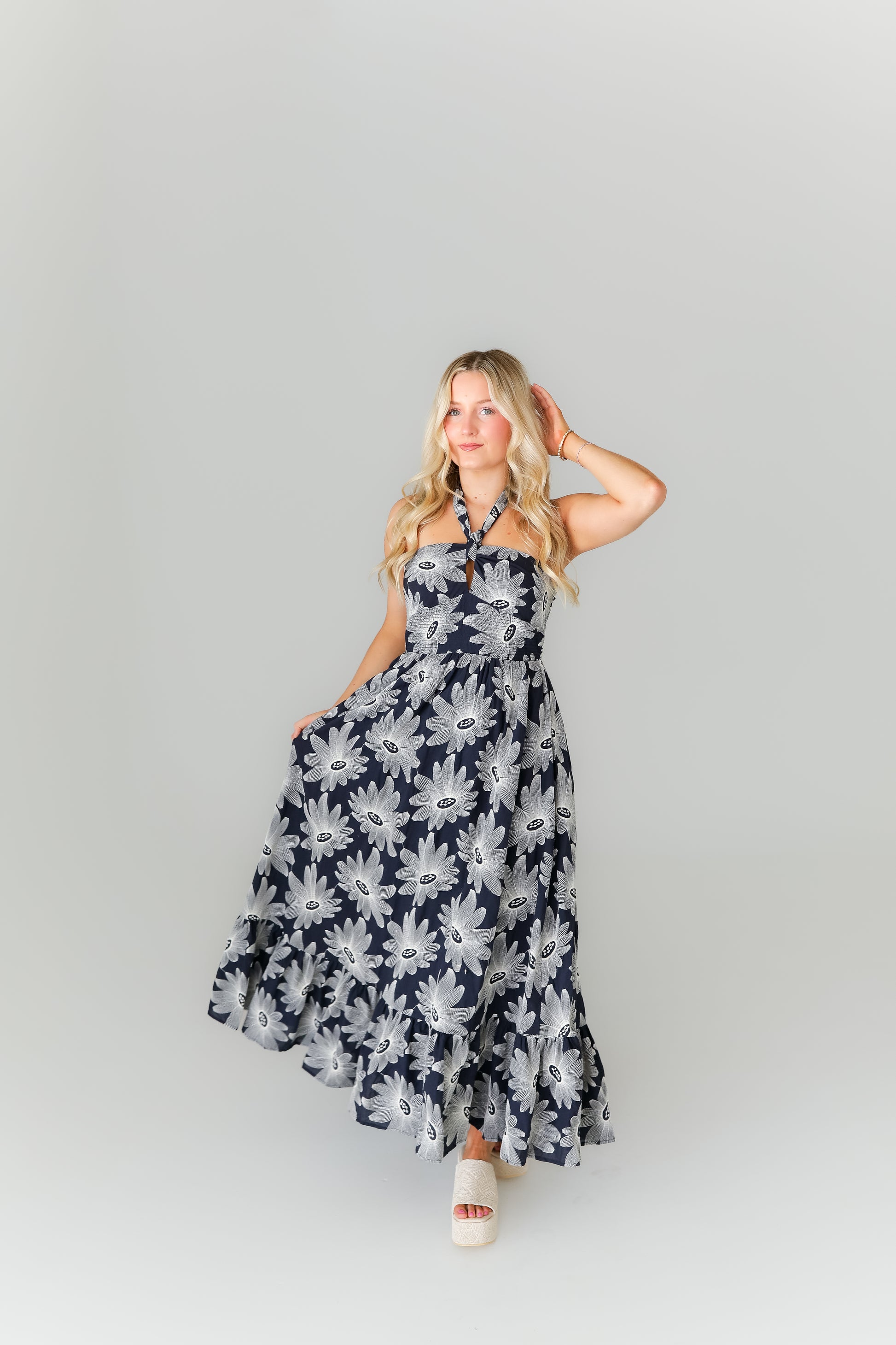 Navy floral halter midi dress boutique game day outfit