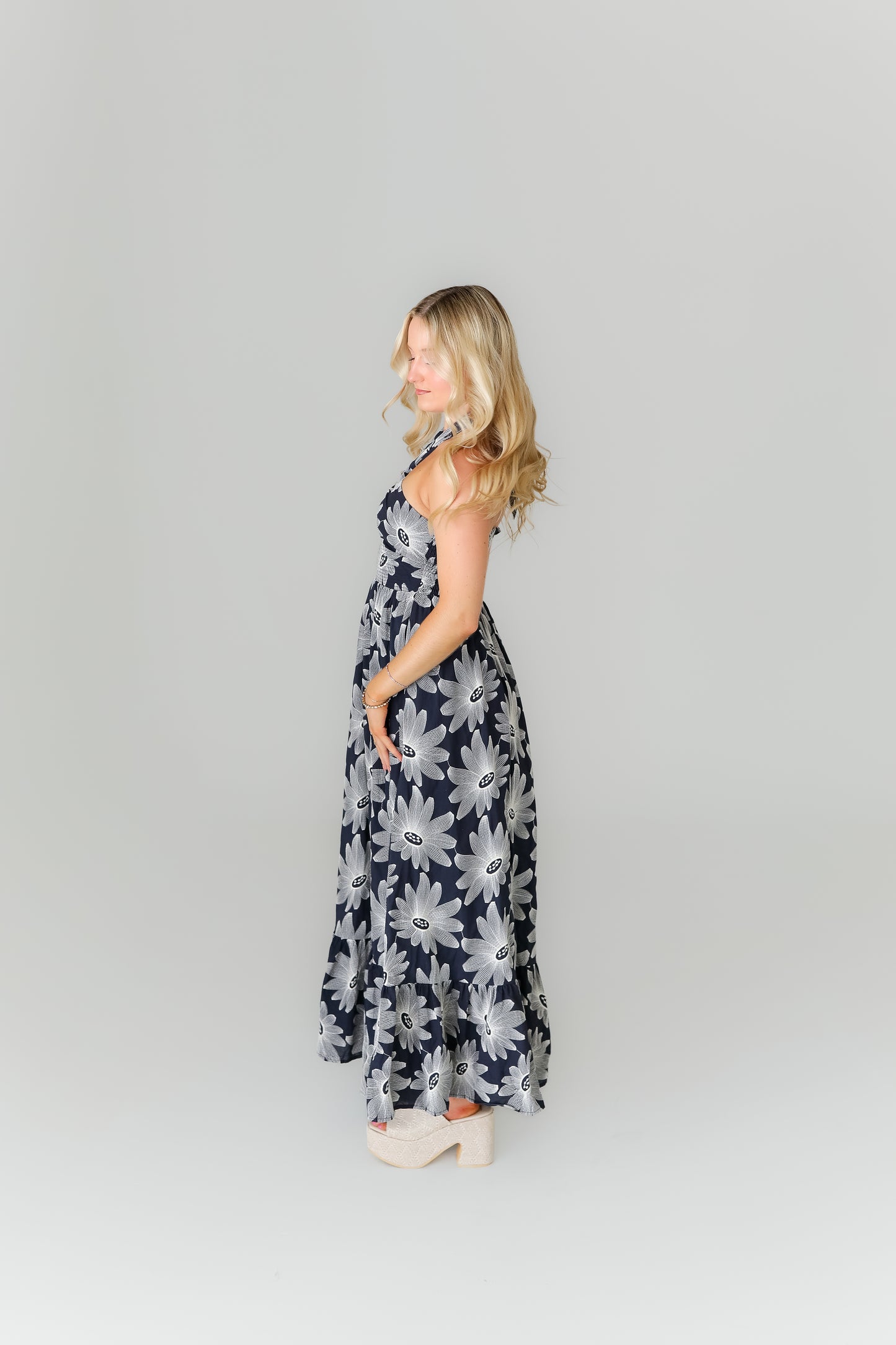 Navy floral halter midi dress boutique game day outfit