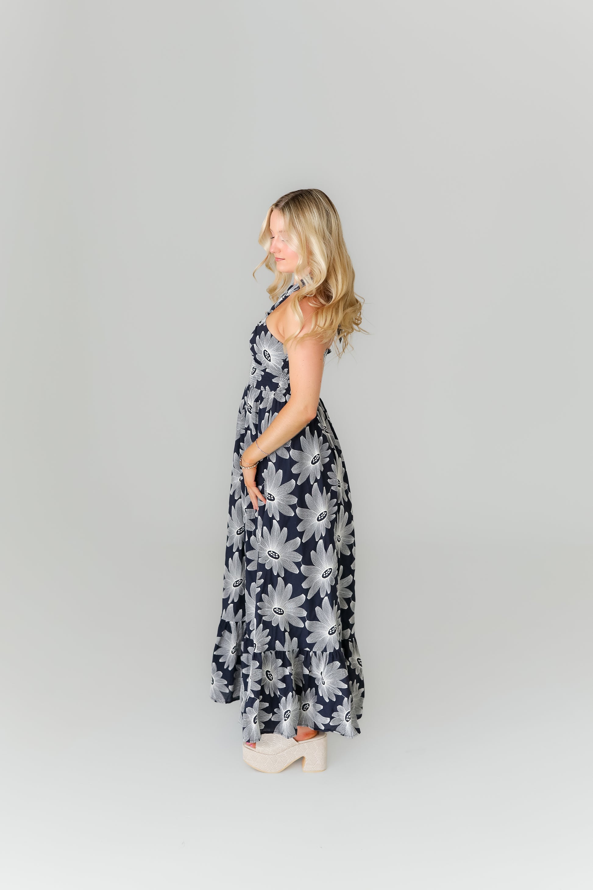 Navy floral halter midi dress boutique game day outfit