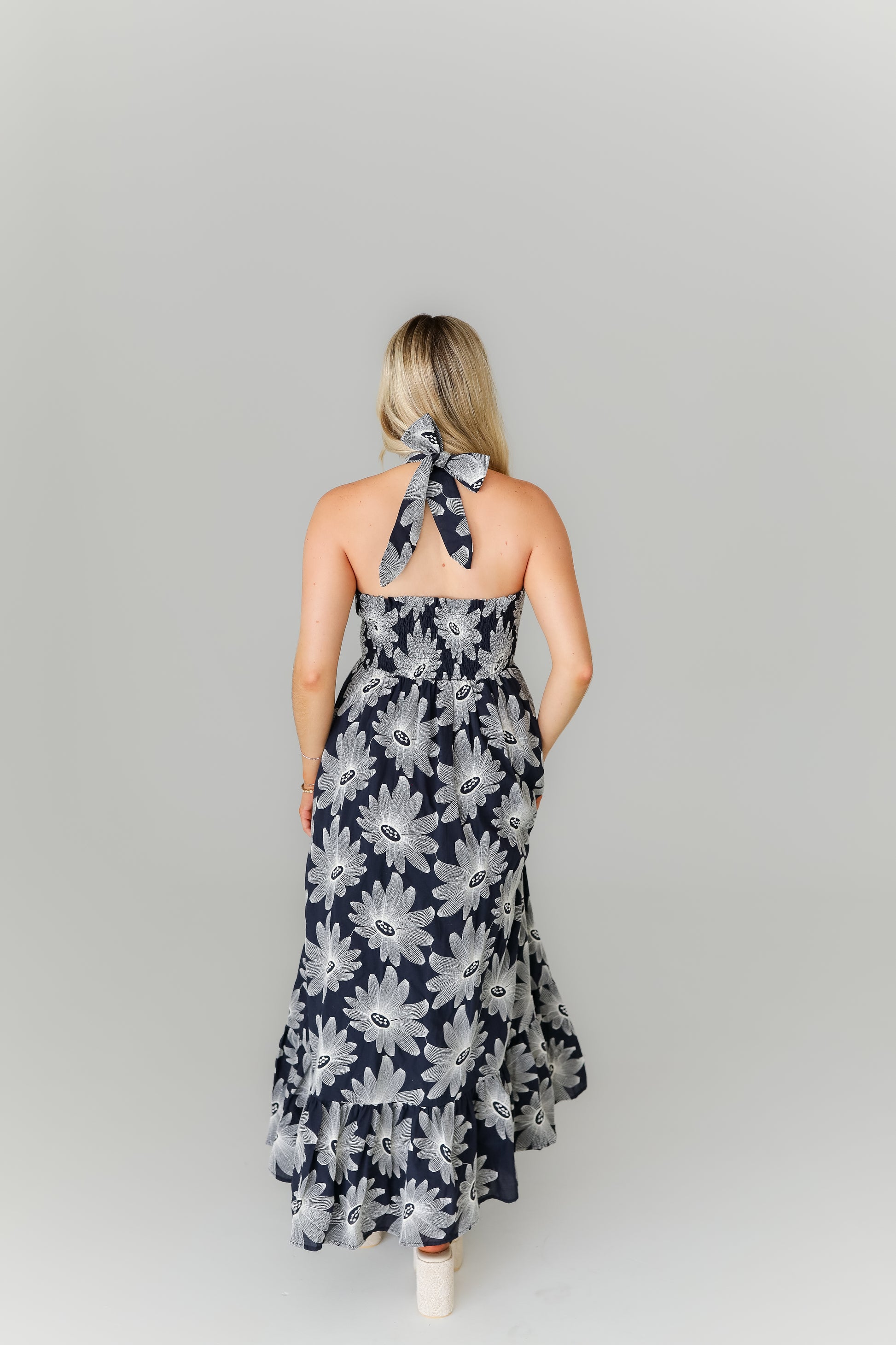 Navy floral halter midi dress boutique game day outfit