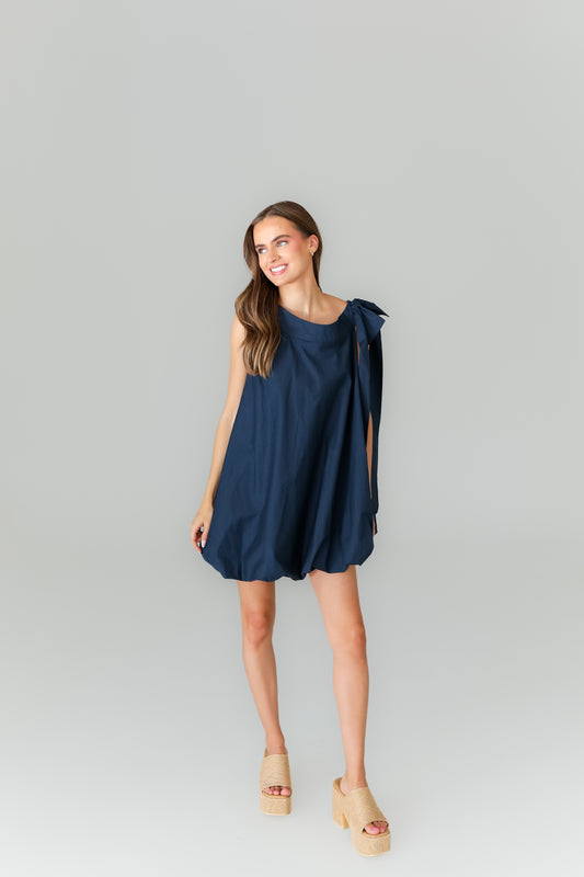 Navy blue mini dress with tie-shoulder straps for game day
