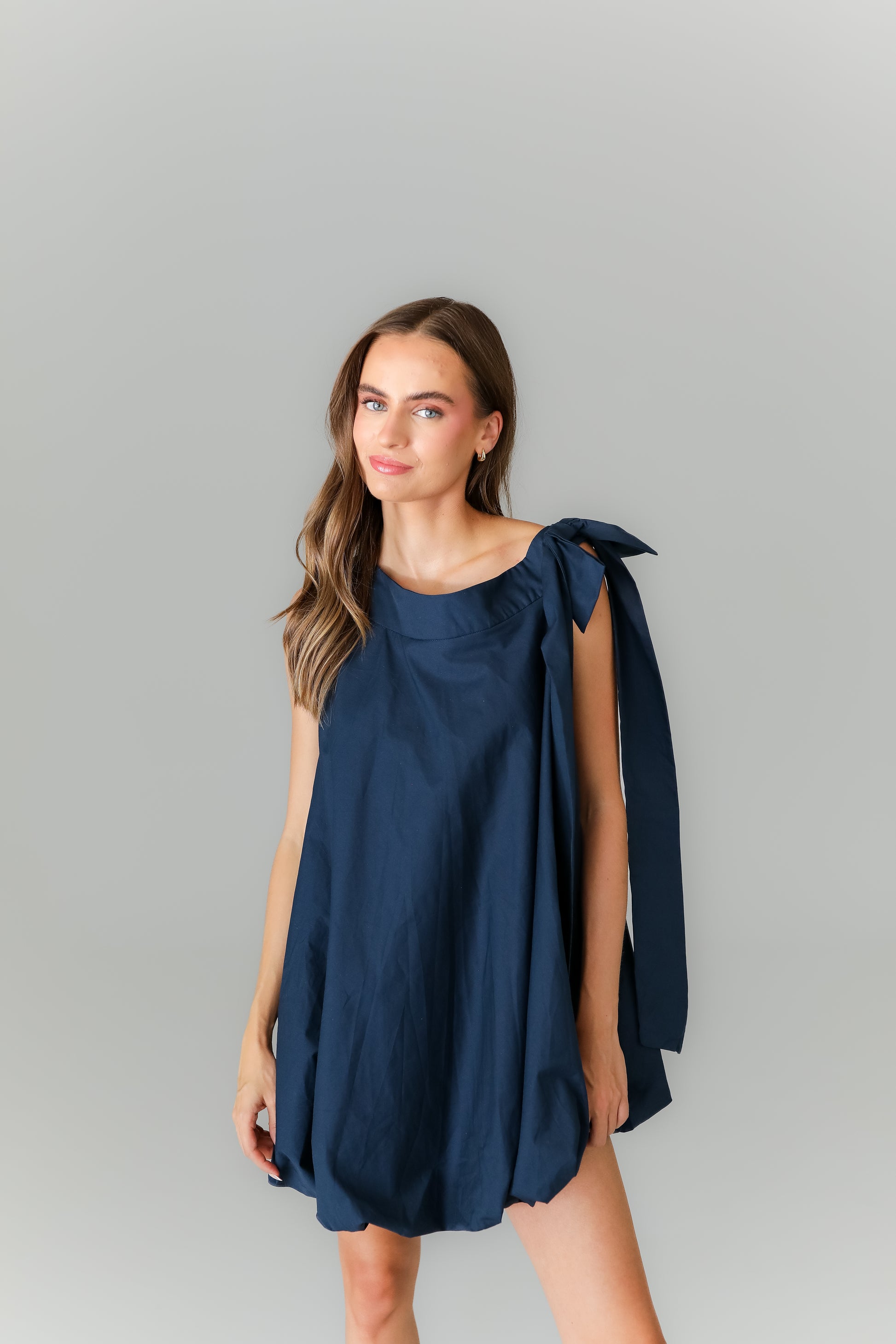 Navy blue mini dress with tie-shoulder straps for game day