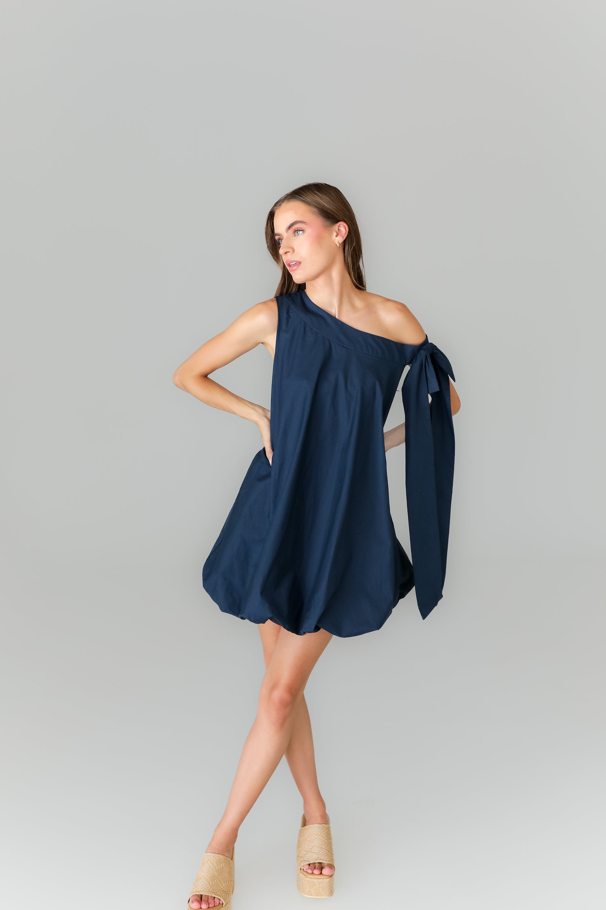 Navy blue mini dress with tie-shoulder straps for game day